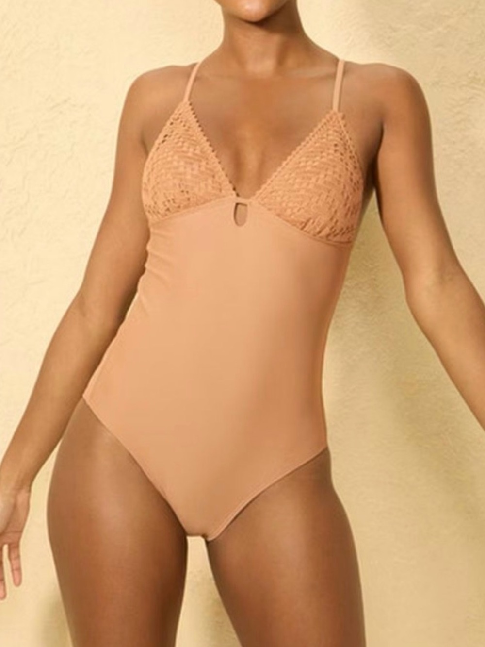 Shade and Shore Neutral Crochet Detail High Leg Cheeky One-Piece Swimsuit Size L